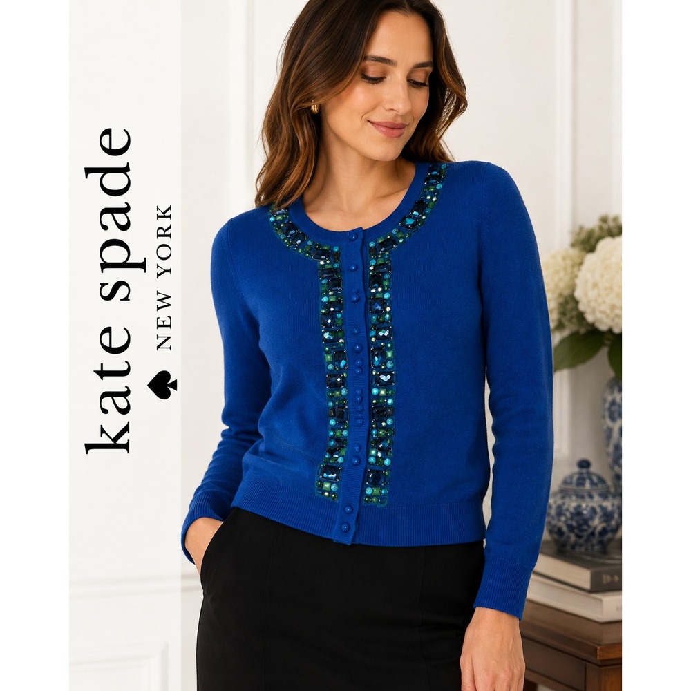 Kate Spade NY Kati City Lights Jeweled Blue Sweater L Wool Cashmere 3/4 Sleeve